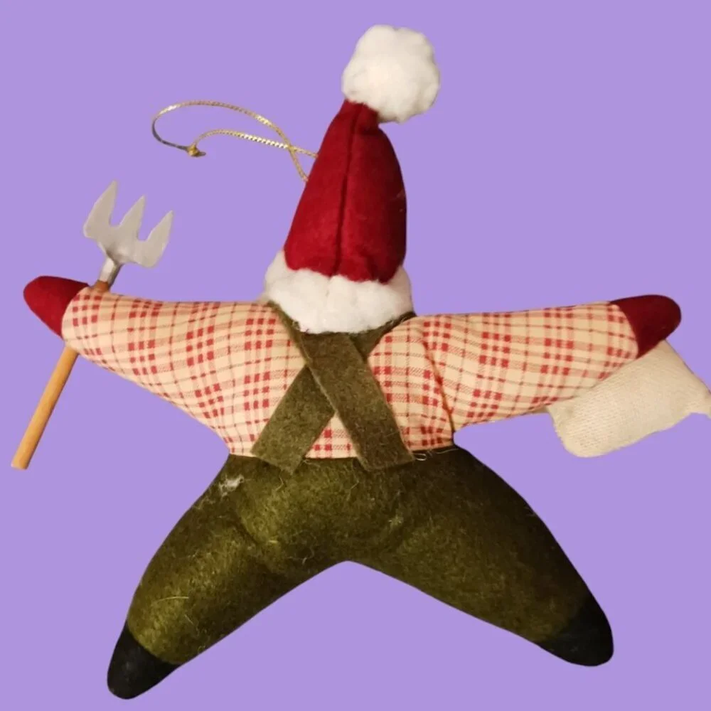 TJ  Santas Claus Farmer Ornament With Seed Bag & Pitchfork